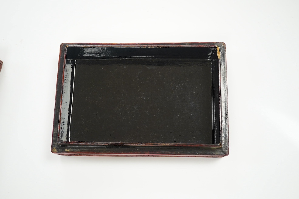 A Chinese carved jade mounted cinnabar lacquer box, 19th / 20th century, 14cm wide. Condition - fair, commensurate with age